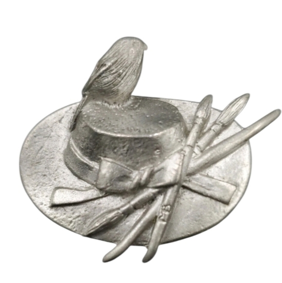 Marjolein Bastin Jewelry - Marjolein Bastin Pewter Artist Hat Brooch with Bird and Brushes- Vintage